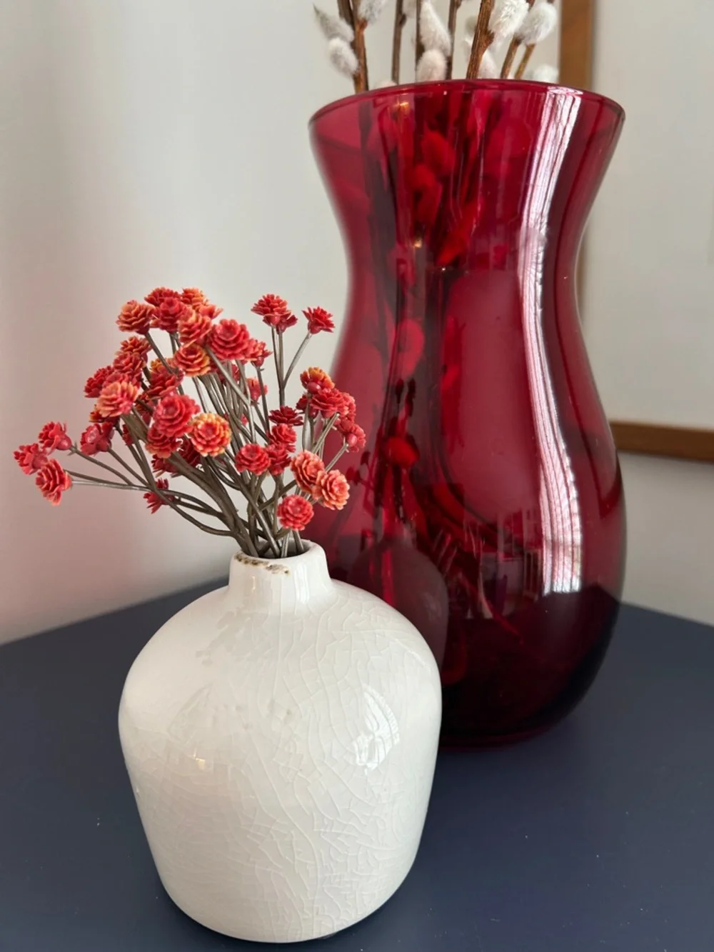 Red and White Tabletop decor Dried floral shelf decor Red vase faux cattails.